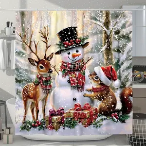 1PC Christmas Decoration Snowman Reindeer Bath Curtain, Home Decor Flower Shower Curtain with 12 Hooks, Bathroom Accessories