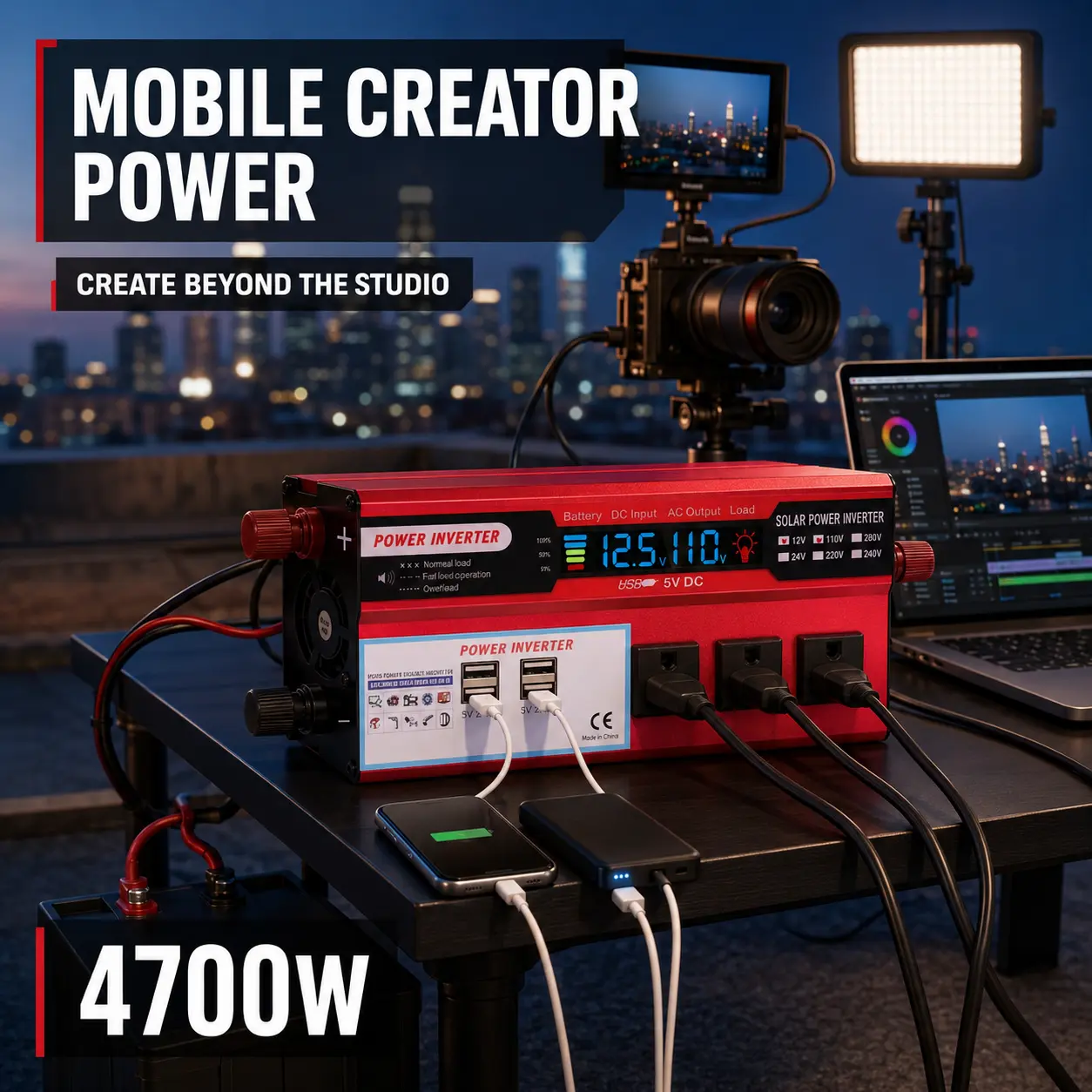 4700W Vehicle Power Converter, 12V to 110V with Overheat Protection for Camping 4700W Vehicle Power Converter, 12V to 110V with Overheat Protection for Camping