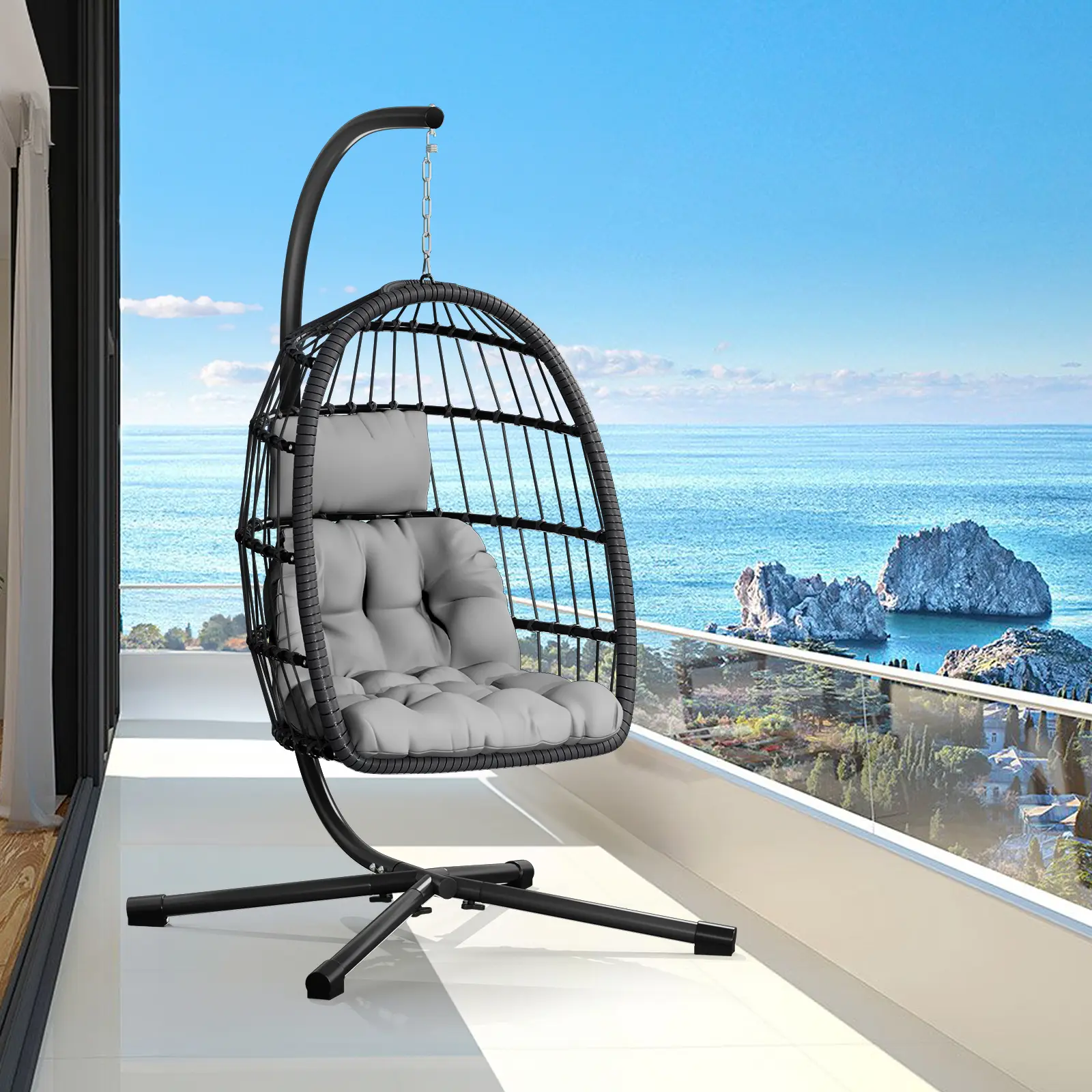 LEVELEVE Single Seat Oversized Rattan Wicker Hammock Chair with Stand, Outdoor-Indoor Patio Swing Furniture, Thick Aluminum Alloy Frame, UV-Resistant Cushion, 350lbs Max Weight Capacity for Porch,home decor,camping essentials