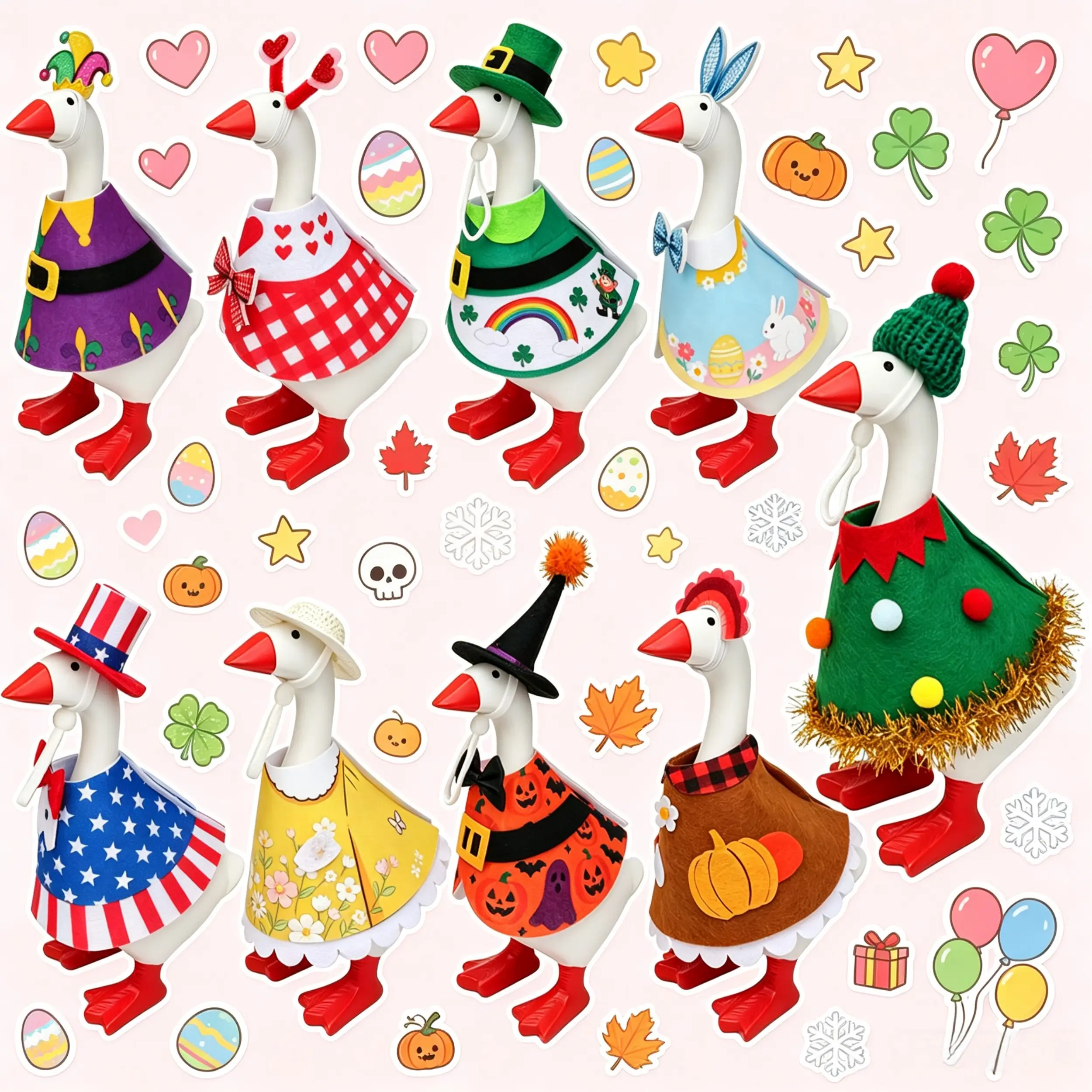 9 Pack Seasonal Holiday Outfits for 7 Inch Mini Desk Goose Statue, Felt Mini Clothes Costumes for Desktop Goose, St.Patrick, Easter, Halloween, Christmas, Valentine, Independence Day Decor (Desk Goose Figurine Not Included)