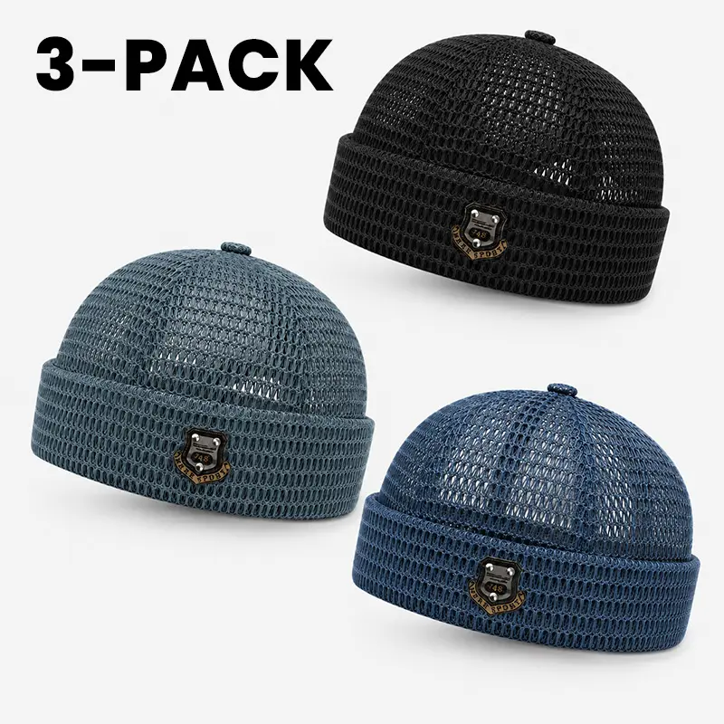 Men's 3-Pack Modern Casual Mesh Short Beanies, Vintage-Inspired Clothes Accessory, Breathable Hollow-Knit, Ultra-Lightweight Feather-Soft Blended Yarns Cuffed Skull Cap with Badge, Summer Thin Fisherman Hat for Gym Daily Outdoor Use, Street-Style, Running