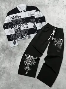 Prayer Person Graphic Print Design Set, Striped Lounge Set, Fashion Trendy Streetwear, Casual Vintage Youth Holiday Style, Comfortable Campus Natural Fit, Knit Clothing Sets