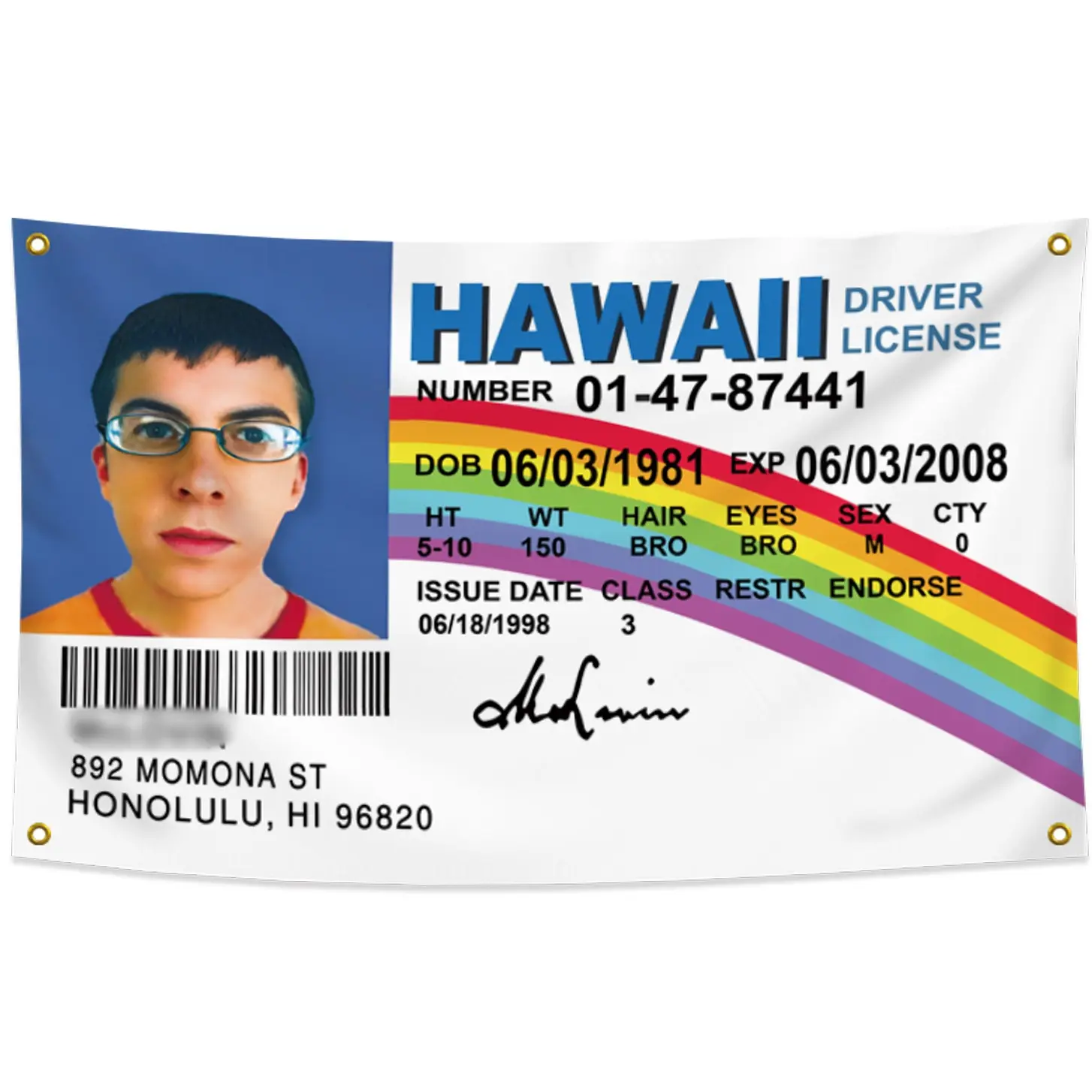 Hawaii IDFake Driver License  Mclovin Tapestry, Polyester with Brass Grommets, Mc Loving Funny flags Poster for College Dorm Outdoor Banner