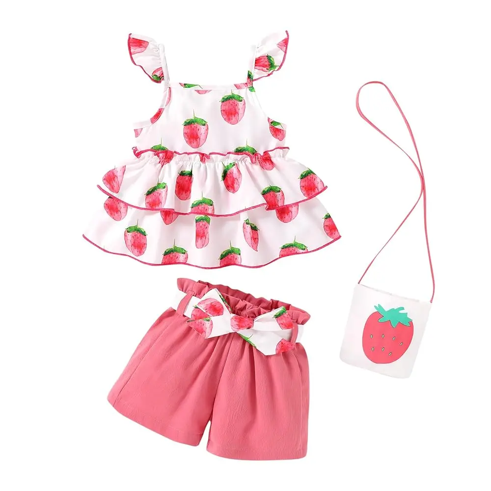 Toddler Baby Girl Clothes Ruffle Sleeveless Strap Dress Tank Shorts Set Summer Outfits With Bag