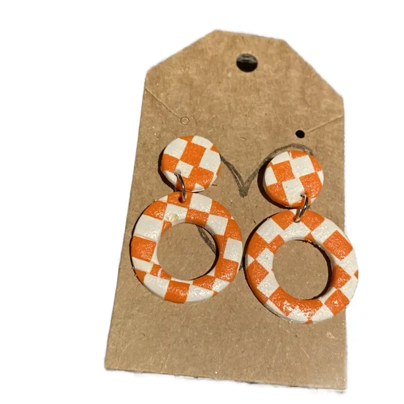 Tennessee Checker Board Drop Polymer Clay Earrings - Orange & White Checkered Design for Stylish Accessory
