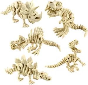 PowerTRC 5PCS 3D Printed Dinosaur Skeletons, T-Rex Triceratops Stegosaurus Velociraptor Spinosaurus Fidget Toys, 3D Printed Dragon Animals Toys, Articulated 3D Figurine Stress Relief Toy (Bone White)