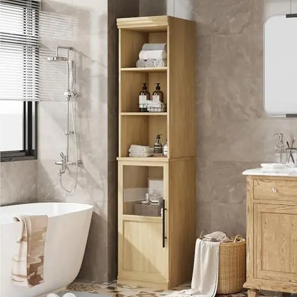 GARVEE 70" Height Slim Tall Narrow Natural Oak Dresser Bathroom Cabinet, Freestanding Storage Unit with Glass Door & Open Shelves, for Small Spaces, Laundry Room