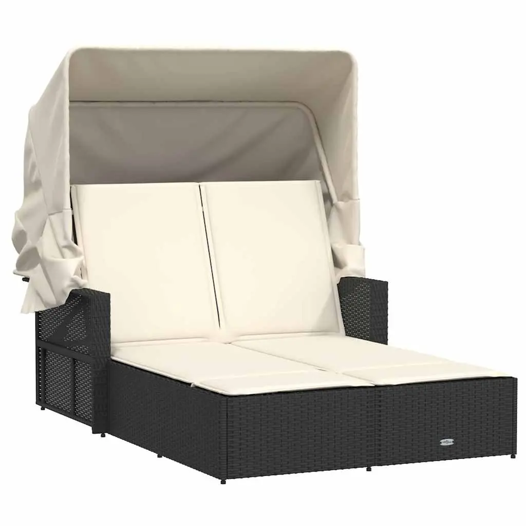 vidaXL Double Sun Lounger with Canopy and Cushions Patio Day Bed Poly Rattan 3033176