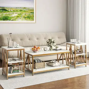 3 Pieces Living Room Table Set, Industrial  Table With 2 Square End Side Tables,  Table Set With Metal Frame For Apartment Home Office coffee