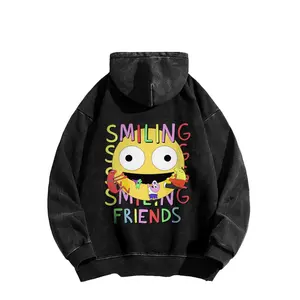 *Smiling Friends *Washed Cotton Sweatshirt, Cartoon Double-sided Print  —Long Sleeve Cotton Unisex Vintage Hoodie