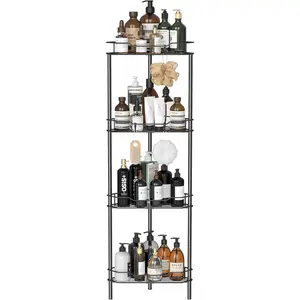 4-Tier Corner Free Standing Shower Caddy Organizer Rack with Hooks, Adhesive-Fixed Floor Shower Tower Shelf, Black