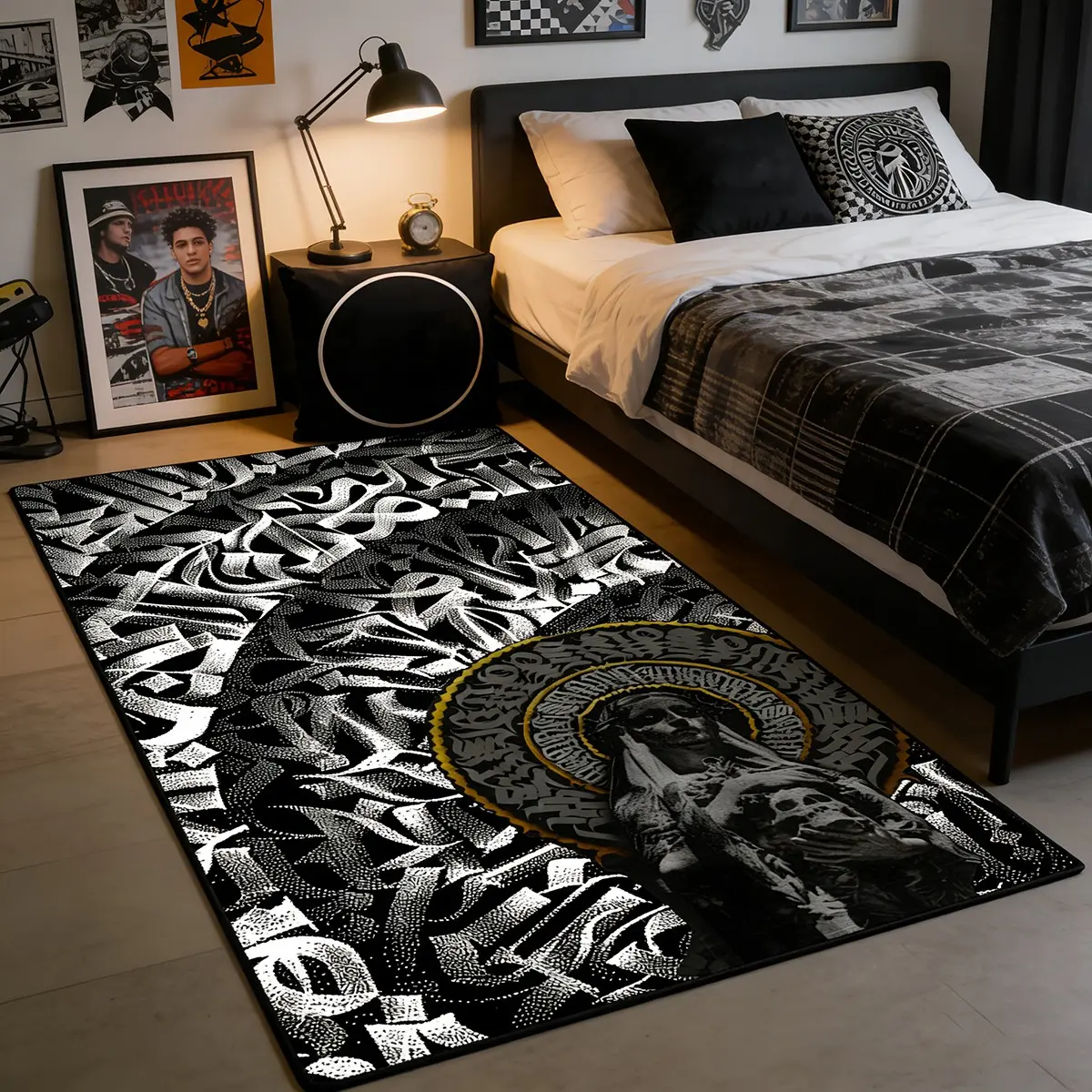 Gothic Skull Mother Print Rug, American Street Graffiti Bedroom Living Room Decor Mat, Dark Chicano Lettering Floor Pad, High Stretch Soft Velvet Art Rug, Artistic Appeal, Decorative Rug
