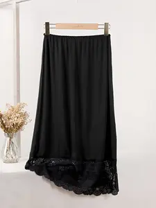 3 Lengths Basic Style Underskirt Women's Soft Modal Lace Skirt Set, High Waist Contrast Mesh Design, Knee Length Casual Dress for Office, Party, Date, Womenswear