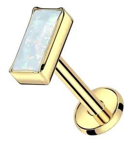 Gold PVD Rectangle White Opalite Internally Threaded Titanium Labret