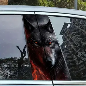 2pc Flame Wolf Vinyl Sticker Car B-Pillar Protection Decal, Easy Peel & Stick Waterproof Sunproof Scratch Resistant for All Cars, Universal Car Sticker