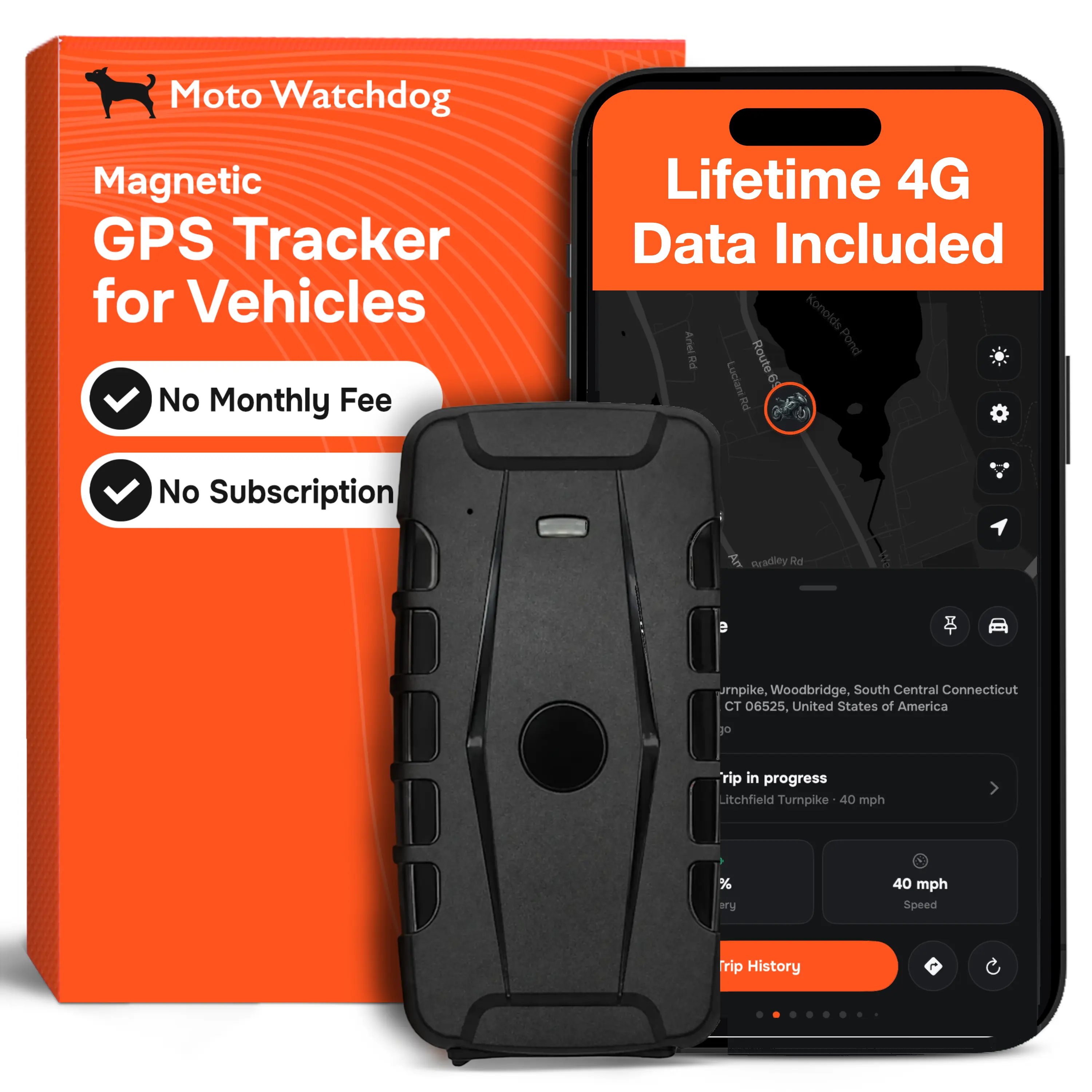 1-Year Rechargeable Battery Magnetic GPS Tracker for Vehicles – No Monthly Fees, 4G LTE | Moto Watchdog MW-20000 Gen 2