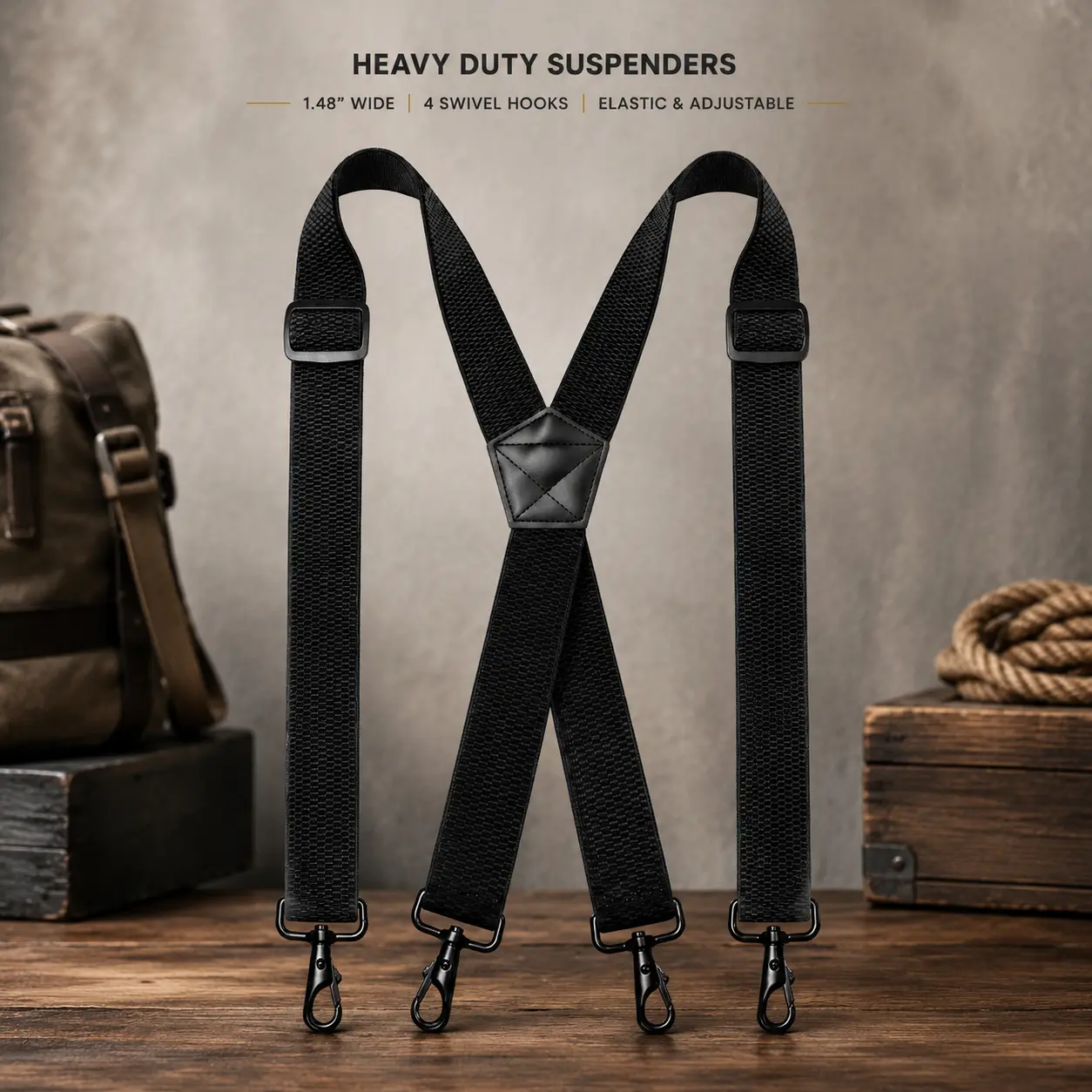 Men's Heavy Duty Suspenders with 4 Rotating Swivel Clips 1.48" Wide Elastic Adjustable Suspenders for Jeans Work Pants Flexibility Quick Length Customization