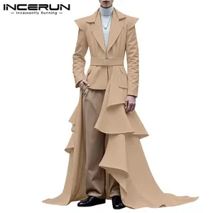 INCERUN Menswear Long Sleeve Lengthened Deconstructed Asymmetrical Hem Longline Blazer - Avant-Garde Designer Coat, Premium Fabric, Tailored Fit, Simple Basic Design