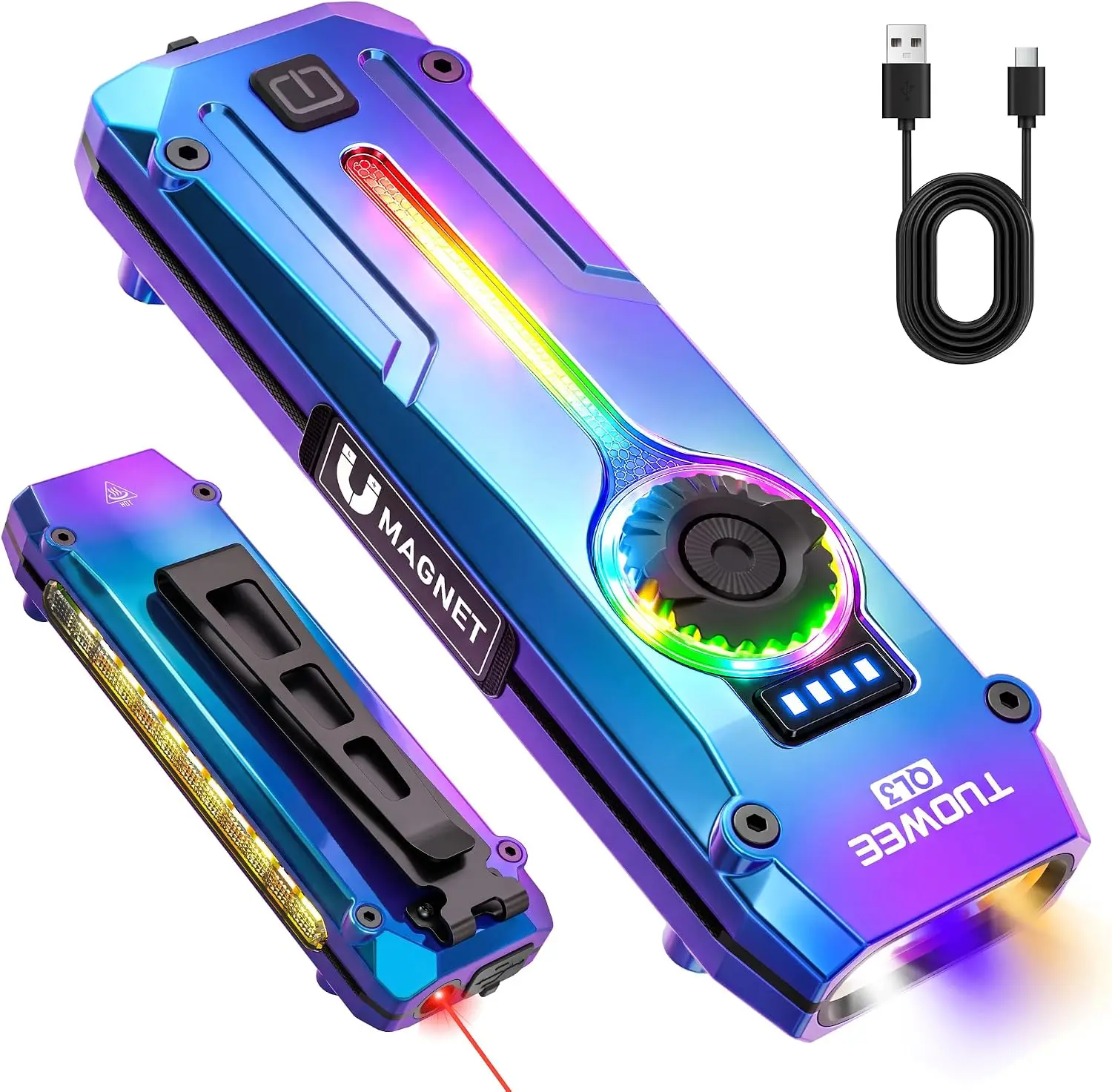 NEW TUOWEE QL3 UV Flat EDC Flashlight Rechargeable 1800 High Lumens Pocket Light with RGB,Magnetic Base Small Flashlights with Dual Switch,Stepless Dimming,USB-C Waterproof Work Flash Light for Work,Home,Emergencies