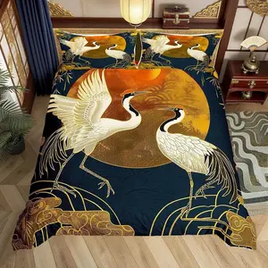 Crane Duvet Cover Set,Japanese Cloud Trees Bedding Set for Kids Teens Adults Room Decor,Animals Plants Comforter Cover Ukiyo-e Style Quilt Cover