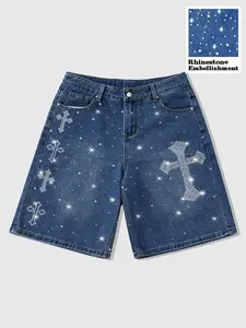 Men's Denim Shorts with Rhinestone Decoration, Loose-Fit Design, Fashionable and Comfortable, Ideal for Casual Wear, Streetwear and Daily Use