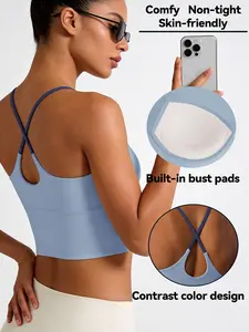 Women's Sporty Tank Top with Fixed Padding, Colorblock Design, Elastic Fabric, Perfect for Yoga, Comfortable Sports Wear, Fitness Top