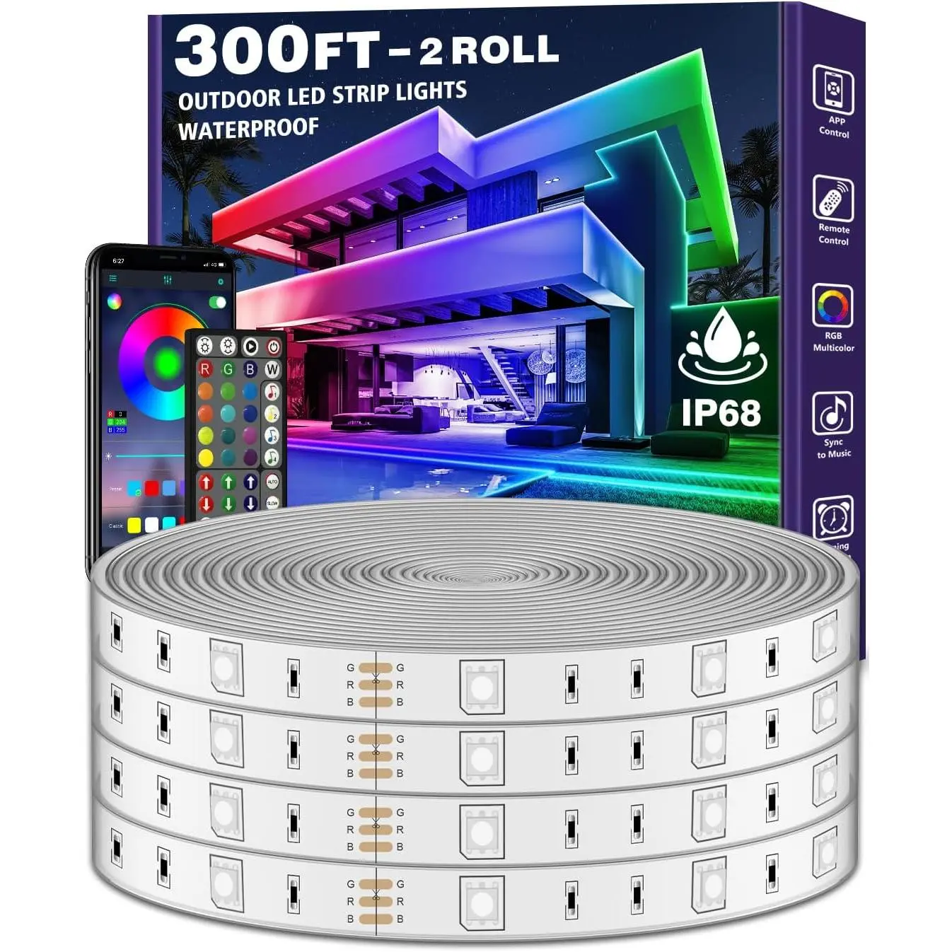 Outdoor LED Strip Lights Waterproof,IP68 Outside Led Light Strips Waterproof with Bluetooth App Remote Control,Music Sync RGB Exterior Led Rope Lights,for Balcony,Deck,Roof,Garden,Pool (300FT) tiktokshopbacktoschool