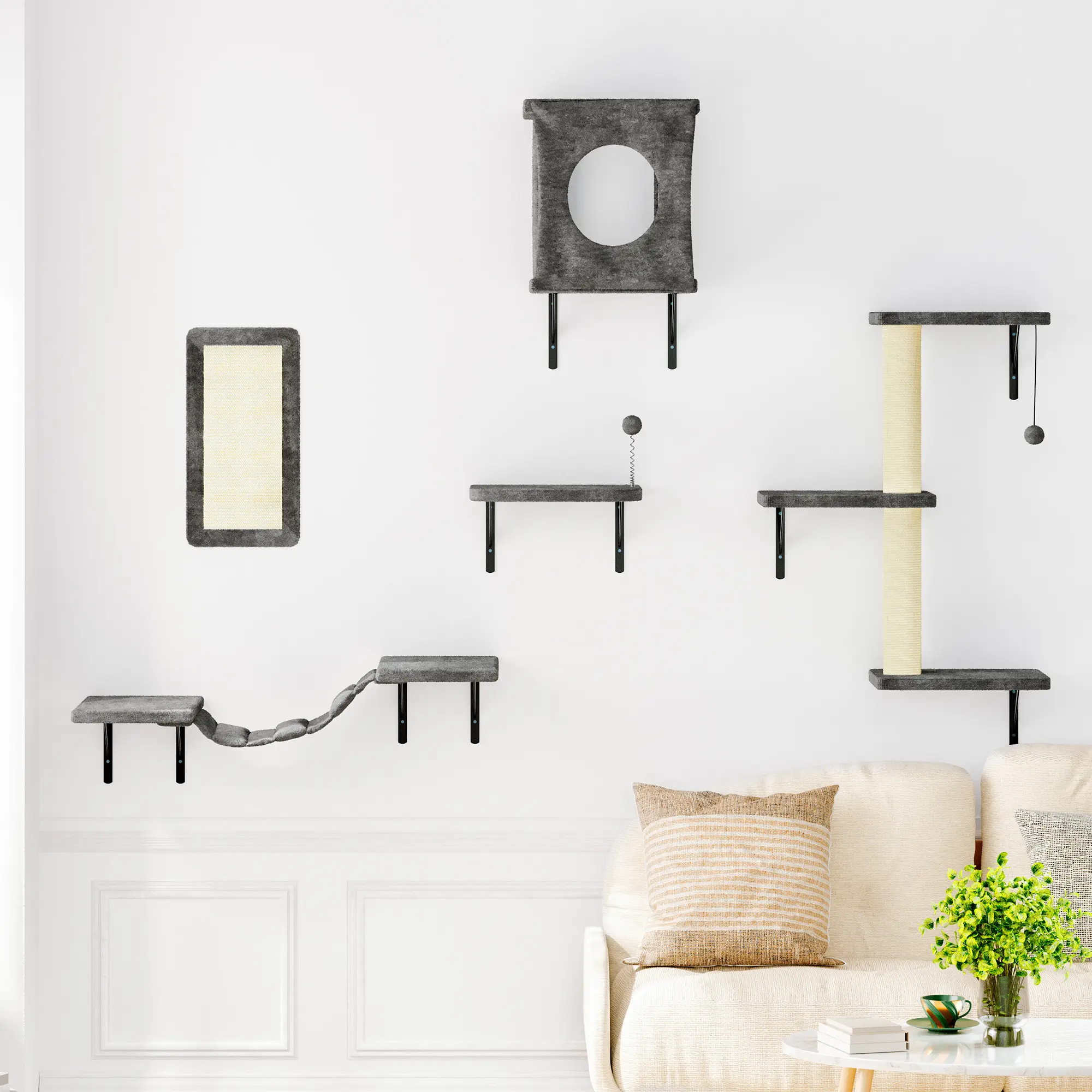 5-Piece Wall Mounted Cat Climbing Set – Soft House, Cat Scratching Board, Cat Tree, Cat Hammock &  Cat Juamping Platform,Summervibes