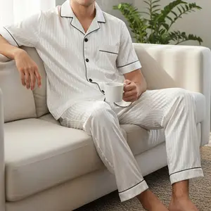 2 Piece Set Spring Summer Homewear Artificial Silk Jacquard Colorblock Pajamas Men's Cardigan Flip Collar Short Sleeve Trousers Suit Striped Thin Autumn Winter Indoor Two Piece Casual Men's Sleepwear Pants
