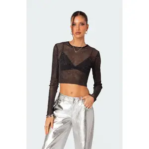 Edikted Women's Marly Sheer Shimmer Sequin Long Sleeve Top