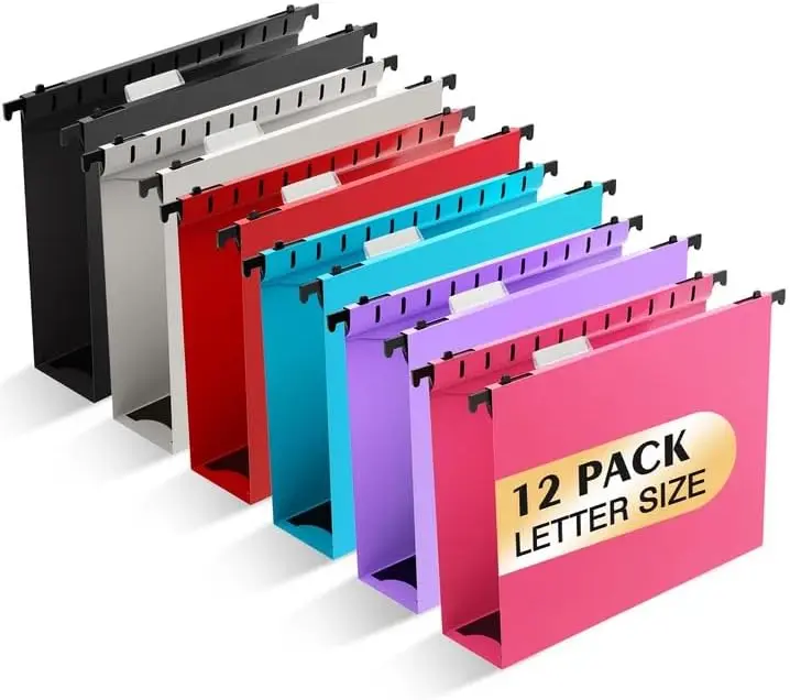 Hanging File Folders, 12 Pack Heavy Duty Plastic Letter Size File Cabinet Organizer with Tabs, 2" Expandable Office Filing Folders for Office Supplies, Home Office & Classroom