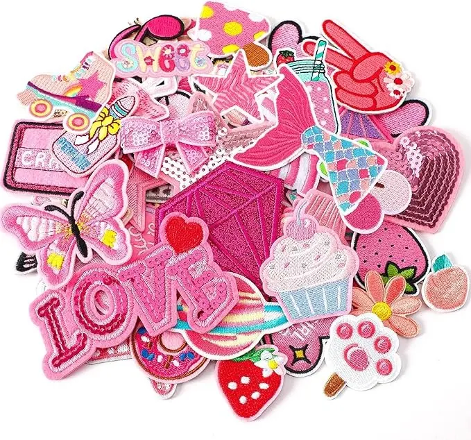 36pcs Pink Embroidered Patches Random Assorted Styles Pink Theme Iron on Patches for Girls, Western Cowgirl DIY Sew Applique Repair Patch Cute Sew on Patches for Backpacks,Pants,Clothes,Jackets