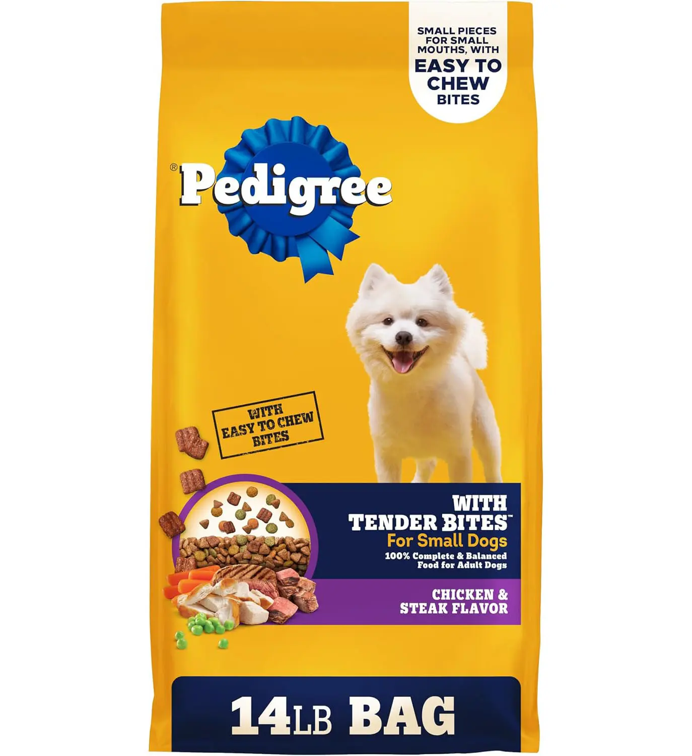 Pedigree Dry Dog Food Tender Bites for Small Breed Dogs, Adult Chicken and Steak Flavor, 14 lb. Bag