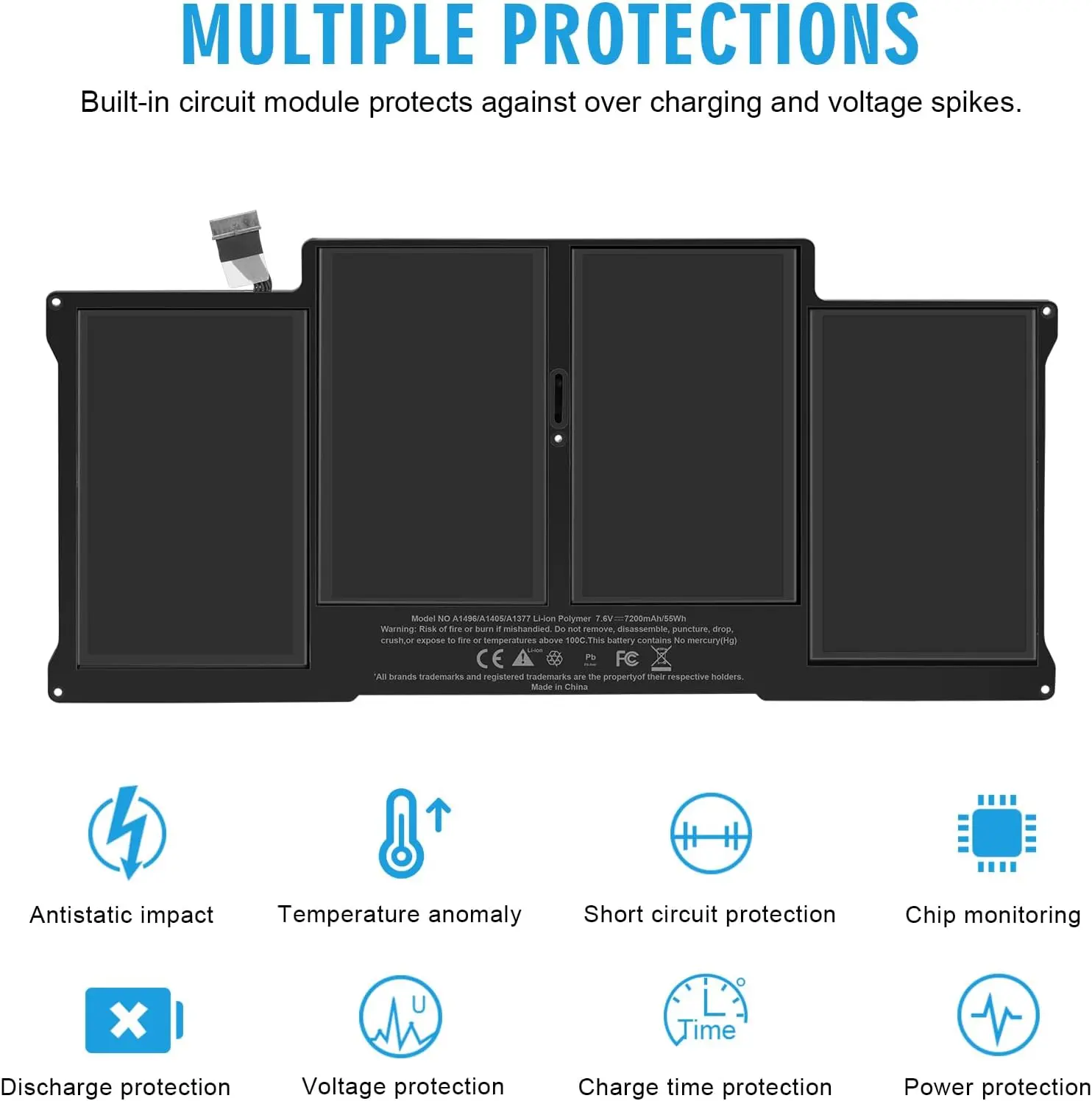 High-Capacity Multi-Model 7200mAh Laptop Battery Replacement for MacBook Air 13 inch A1466 (2012, 2013 Mid, 2014 Early, 2015 Early, 2017), A1369 (2010 Late, 2011), Compatible with A1405, A1496, A1377 [Upgraded 3.0]