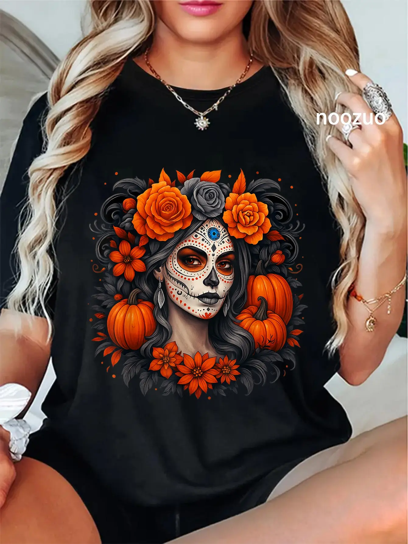 Women's Graphic T-Shirt, Vintage La Catrina Flower Skull 100% Cotton Short Sleeve Casual Streetwear Top for Day of the Dead, Tshirt, Everyday