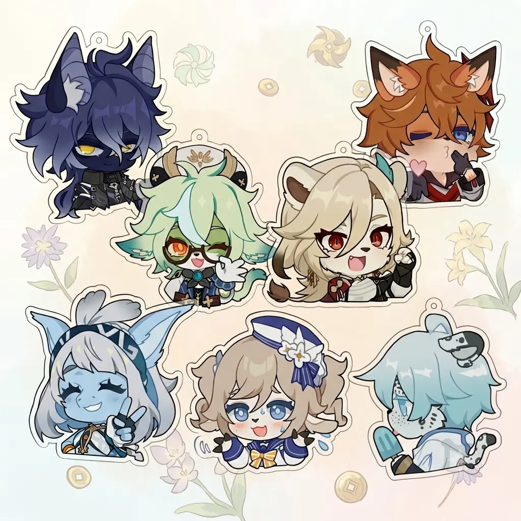 Genshin Impact Keychain - Bat Flins Emote, Cat Sucrose, Lion Kaveh, Manokit Mualani, Sheep Barbara, Snow Leopard Chongyun, Fox Childe-Tartaglia Emote Acrylic Keychain