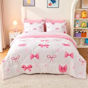 7 Piece Pink Bow Bedding Set for Girls Kids Twin Size Comforter Set with Sheet and 2 Pillowcases 2 Pillow Shams Cute Girls Bed in a Bag as Birthday Choice