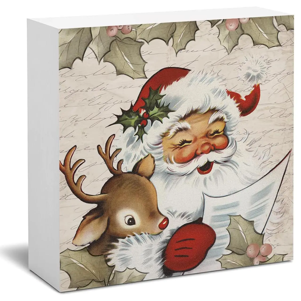 Vintage Christmas Santa Claus Pattern PVC Sign, Santa Decorations Indoor for Home Office Shelf Table Desk, Home Decor, Ornaments