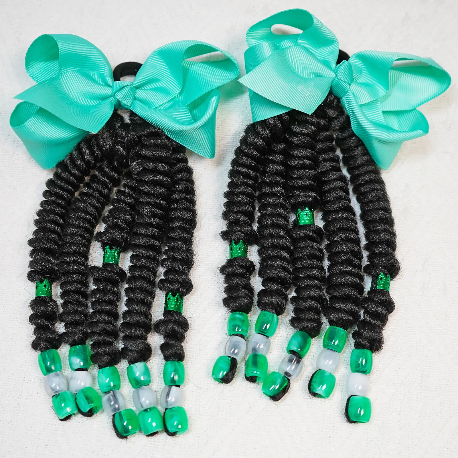 Girls' 8 Inch Reusable Synthetic Braid Ponytail Extensions - 2-Piece Set, Handmade Beads, Braiding Beads, Bow Attachments, Easy-to-Use Ponytail Hairstyles Accessory for St. Patrick's Day Gifts, Reusable Braids