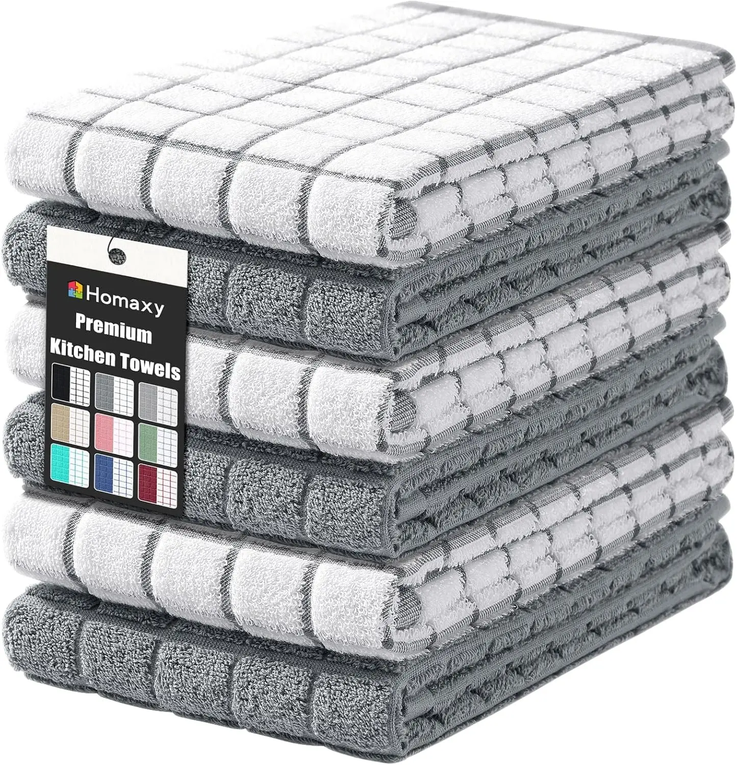 Homaxy Premium Cotton 16"x28" Large 390 GSM Ring-Spun Natural Terry Cloths, Super Absorbent Soft Hanging Loop Option, Grey Check Design for Dishes & Hands, 6-Pack