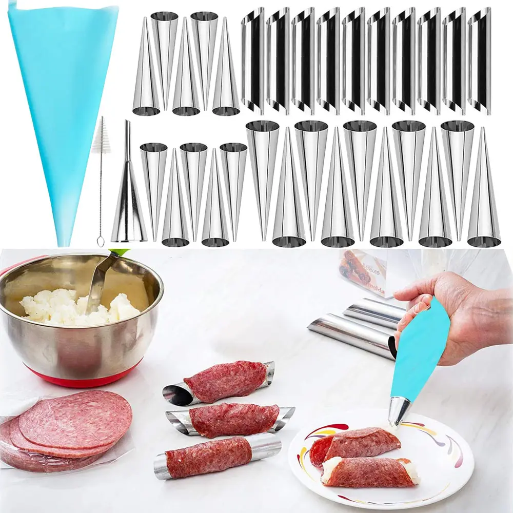 33 Pack Cannoli Forms Tube Set, 10 Cannoli Forms, 10 Large Hones Form Mould 10 Small Croissant Moulds, Brush, Reusable Icing Bag and Long Frosting Tip for Puff Pastry
