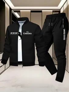 Fly Emirates Horse Print Aviation Theme Sporty Casual Set, Casual Sportswear Outfit, Geometric Pattern Fitted Jacket, All Seasons Outerwear for Men