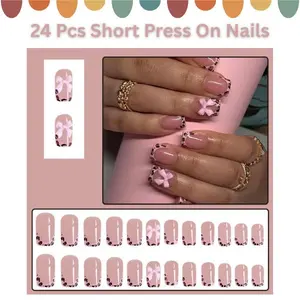 24 Pcs Short Press On Nails – Leopard French Tip with Pink Glossy Bow Design, Full Cover Glue-On False Nails for Women, New Year Gift Manicure Set