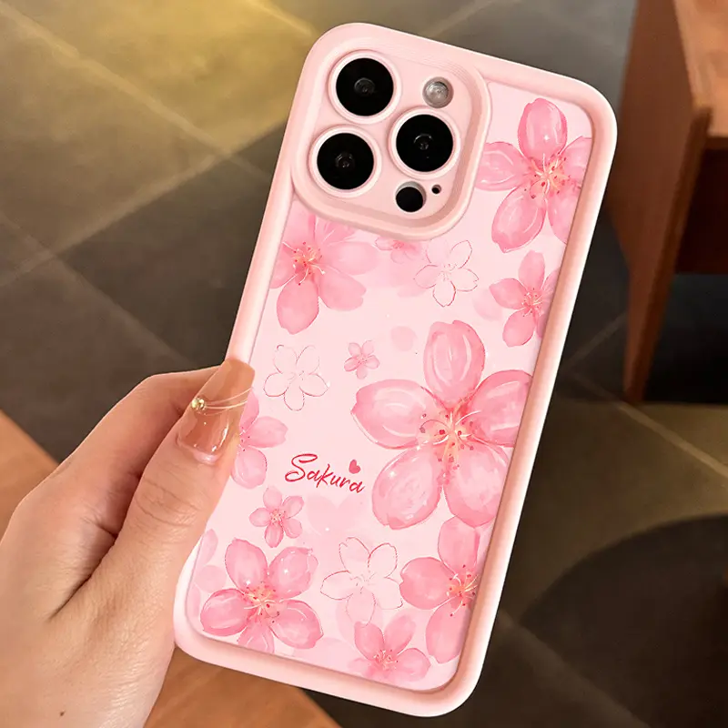 Pink floral pattern, drop-proof and non-slip TPU full-coverage lens phone case, compatible with iPhone 17, 16, 15, 14, 13, 12, 11, XS, X, Samsung and other models. Makes a great gift for friends or family.