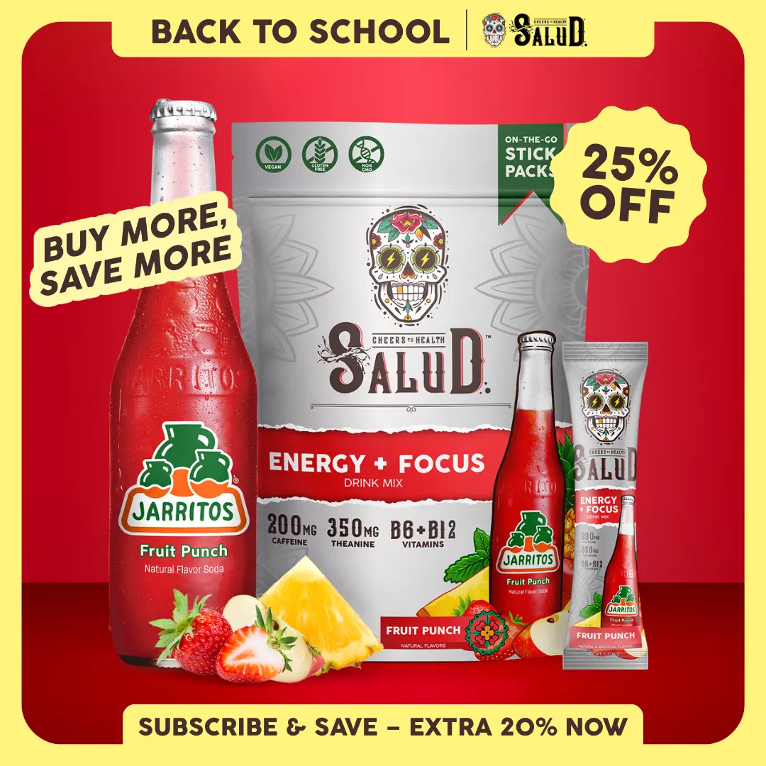 Salud x Jarritos 2-in-1 [Energy + Focus - Fruit Punch] Clean Energy Drink Mix, Agua Fresca, Organic Caffeine, B6 & B12, L-Theanine, Drink Packets, Non-GMO, Gluten Free, Vegan, Low Calorie, 1g Sugar (15 Servings)