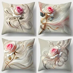 4pcs-Valentine's Day Throw Pillow Covers, Pink Rose Golden Pattern, Cushion Cover Decoration for Couch Sofa, Room Decor and Bedroom Decor, Valentine's Day Decor, Single Sided Printing, No Pillow Core
