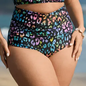 BLOOMCHIC Plus Size Swim Bottoms - 2026 Summer Pick, High-Rise Cut, Tummy Control, Colorful Leopard Print Overlap Waist, Polyester Blend, UPF 50 Sun Protection, Bikini Swimsuit, Bathing Suits, Sizes M-6X 2026 Summer Vibes Swimweek summerwins,summerwins