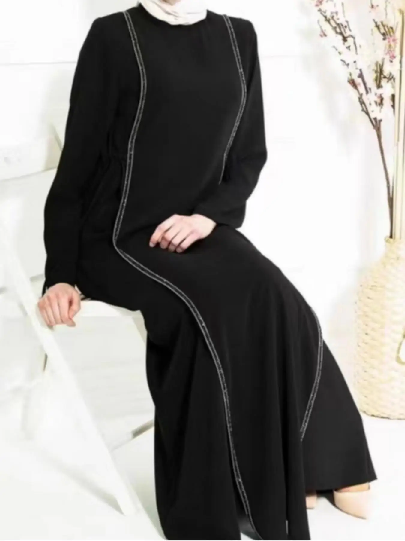 Women's Solid Knot Design Long Sleeve Dress without Hijab, Modest Simple Long Dress for Spring & Fall, Casual Ladies Clothes for Daily Wear
