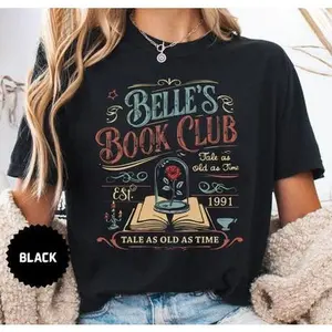 Vintage Book Lover Tee - Belle's Book Club Graphic, Durable Cotton, Literary Style Tee for Chirstmas Gift