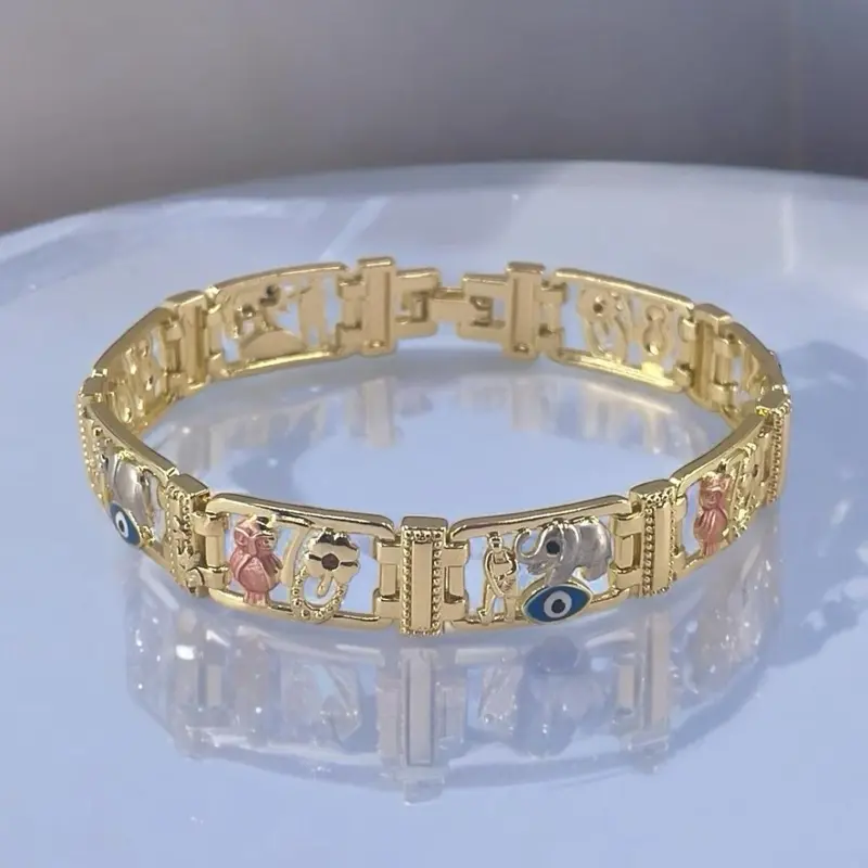 Female 18K Tri-Tone Gold Plated Blue Eye Lucky Sign Fashionable Bracelet, 7in Long, 2cm Wide, Jewelry Accessory for Good Luck Protection